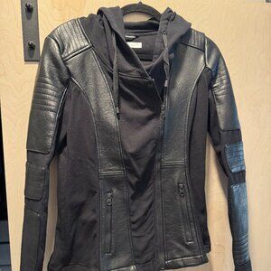 Blanc Noir Asymmetrical Hooded Faux Leather Moto Jacket
